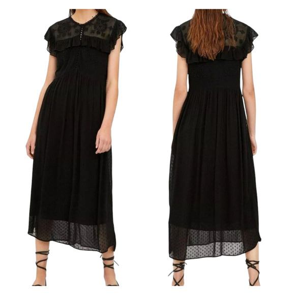 Zara Black Polk a Dot Embroidered Ruffle Maxi Dress Size Medium - Picture 3 of 11